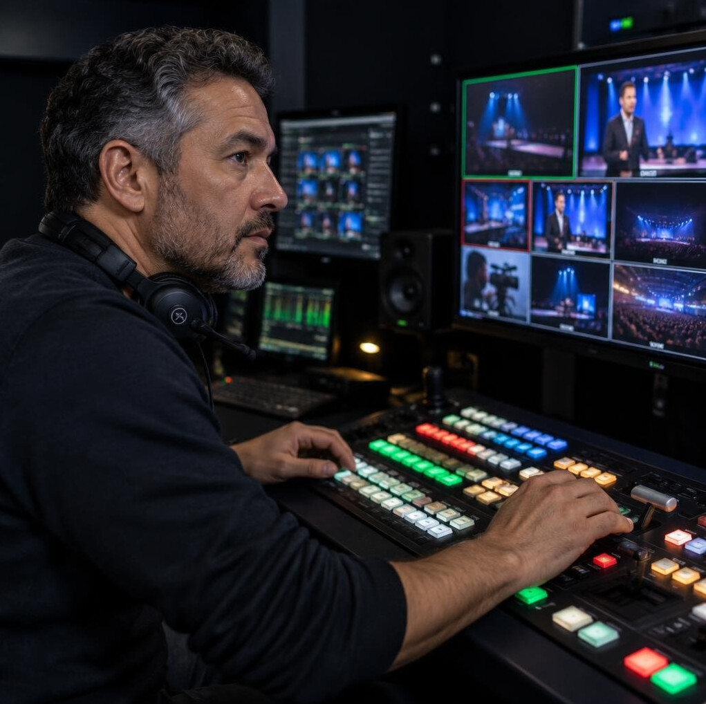 Broadcast engineer switching live camera feeds on a vision mixer