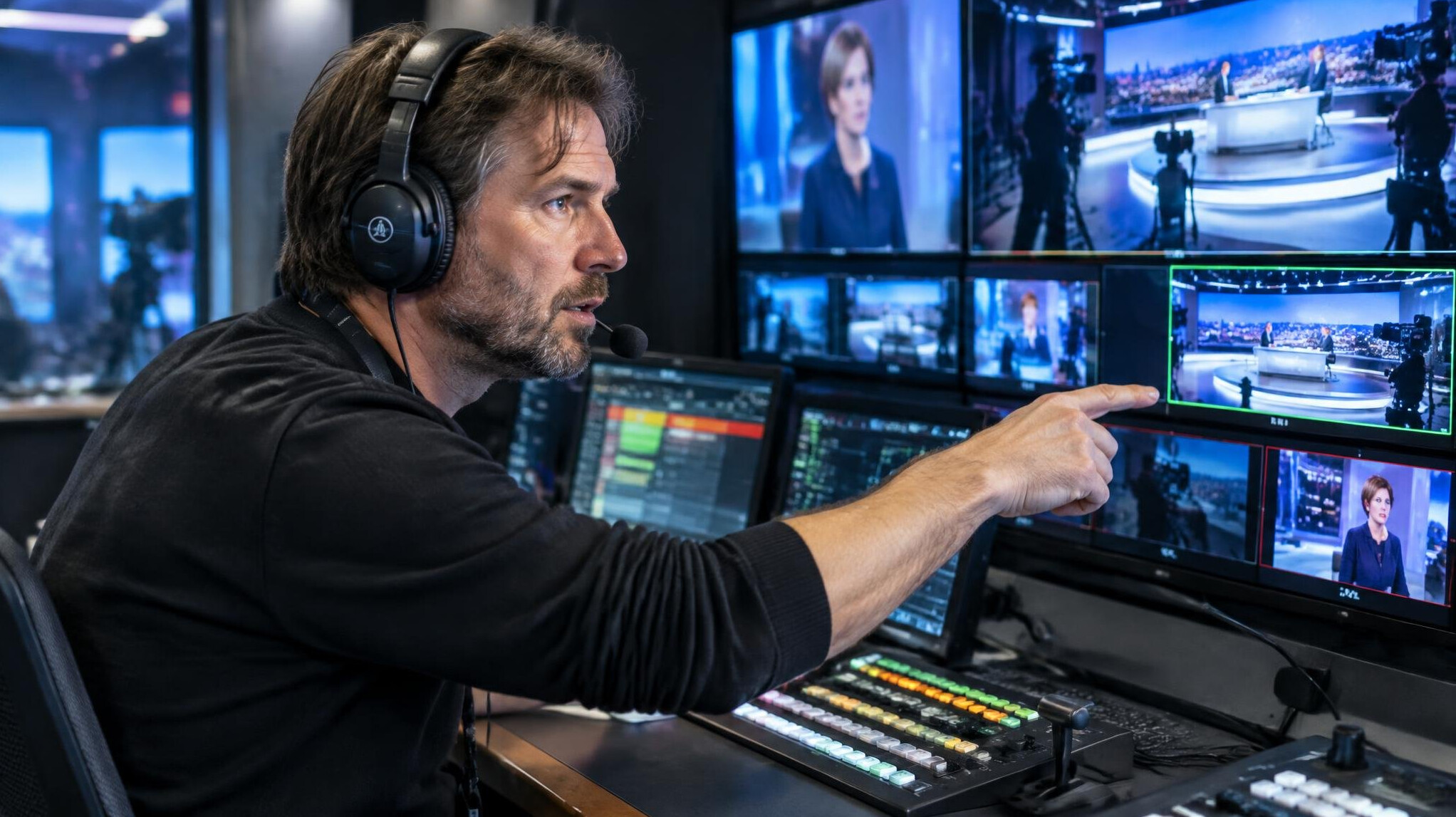 Television director coordinating a live studio broadcast from the control desk