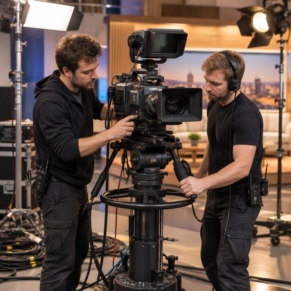 Camera crew adjusting equipment on a studio set