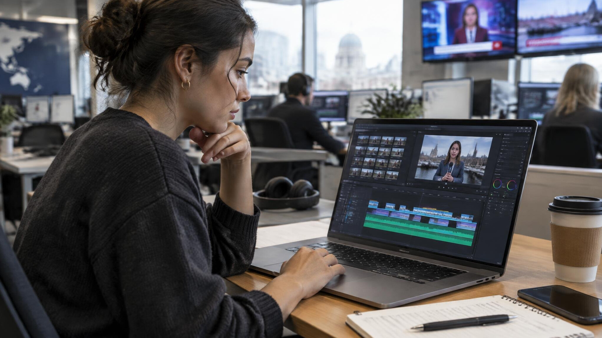 Video editor reviewing footage timeline on a laptop in a newsroom