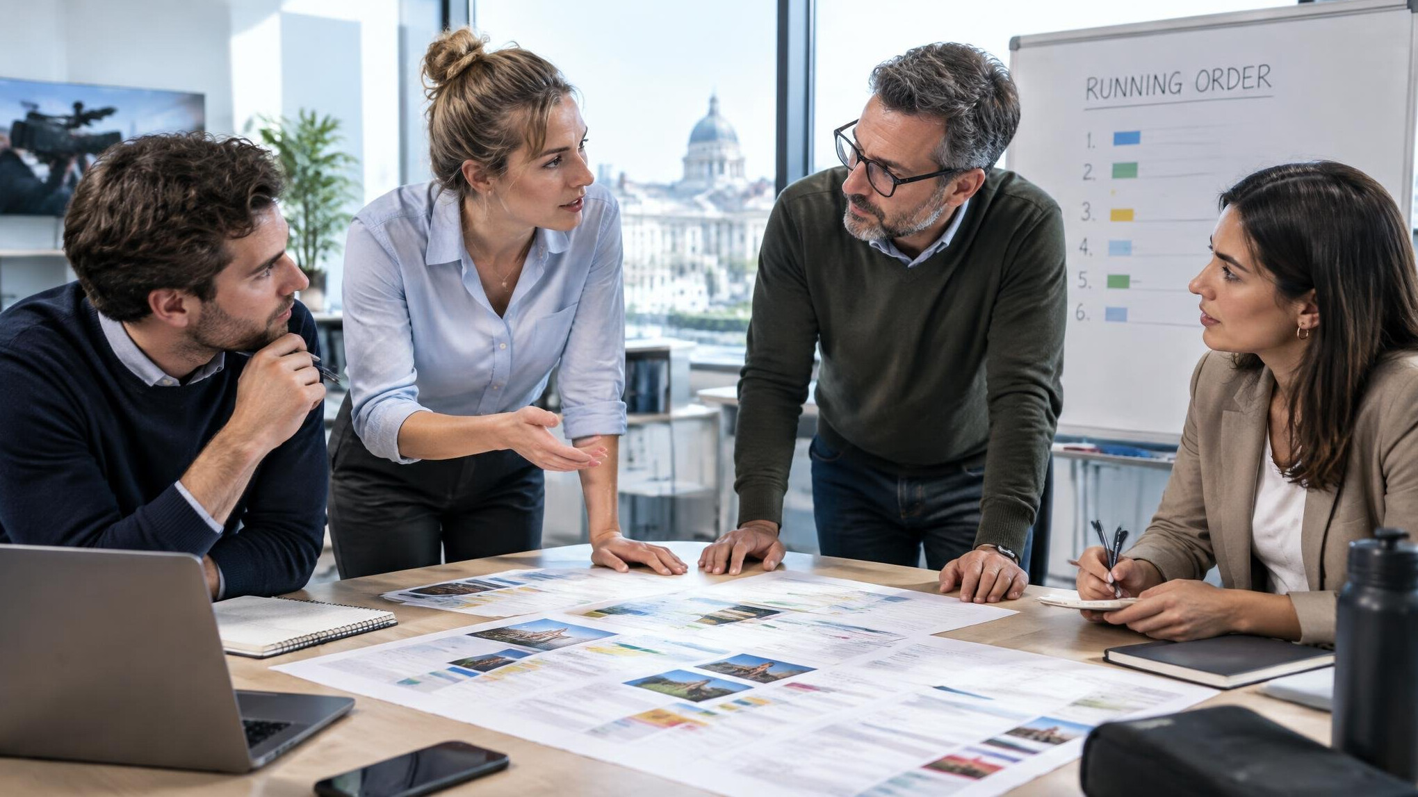 Editorial team planning the day's news schedule around a table