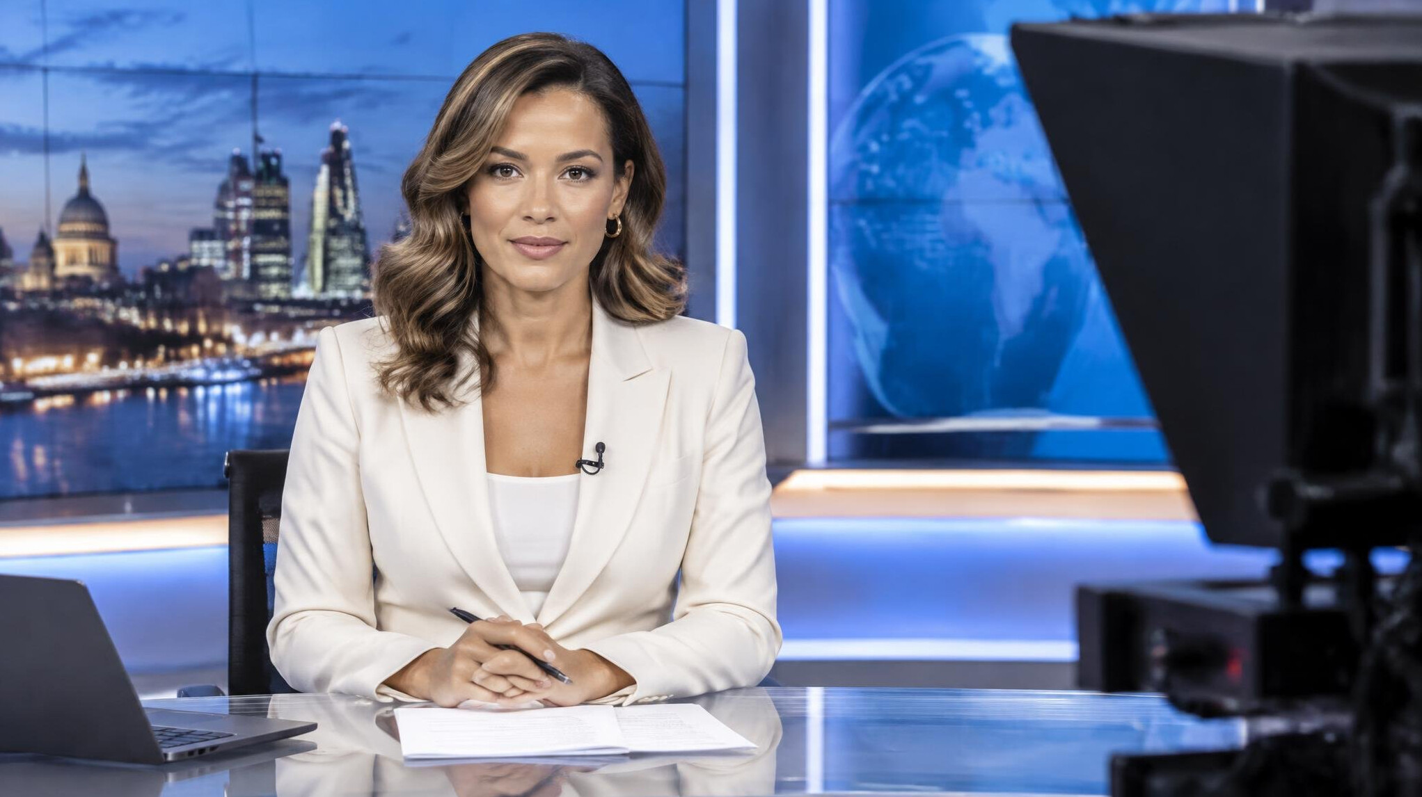 News anchor presenting a live segment from the studio desk