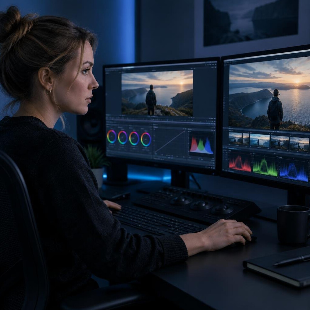 Post-production editor color grading footage on dual monitors